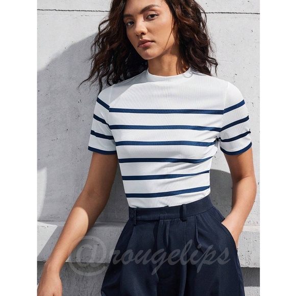 Striped Blue on White Slim Short Sleeve Tee Shirt High Neck - Picture 9 of 10